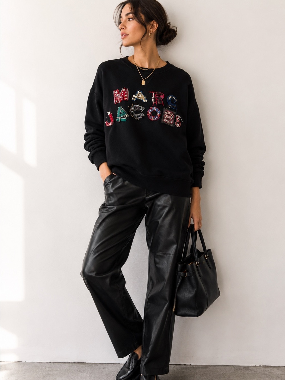 Marc Jacobs Embellished Logo Oversized Black Sweatshirt Beaded Sequin Sz Large
